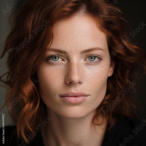 A close up of a woman with red hair