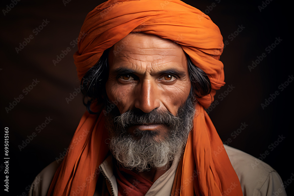 Portrait of a Middle-Aged Berber Man with Brown Eyes, Adorned in an Orange Turban – Capturing the Essence of Moroccan Heritage Soulful Gaze
