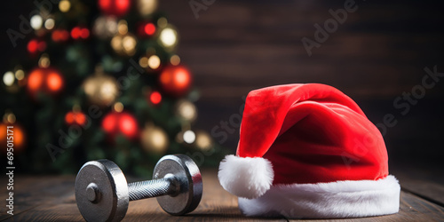 Santa hat on a dumbbell mixes the cheer of holidays with healthy habits.
