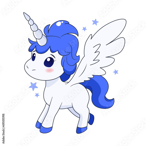 isolated cartoon unicorn with wings, stars and horn.