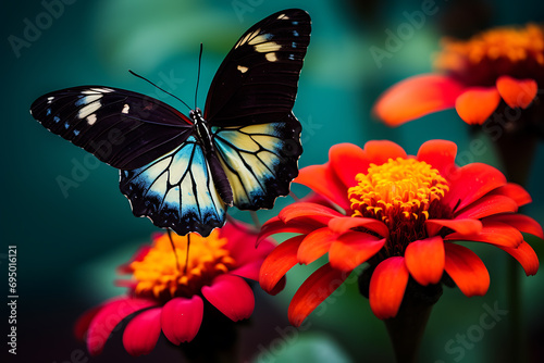 Colorful butterfly resting on a single flower, capturing the beauty of nature in a simple composition © Asiri