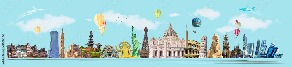 World landmarks and famous monuments collage isolated on blue background