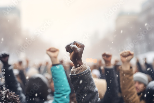 Multi-Ethnic People Raising Fists in the Air, Symbolizing Strength and Solidarity, Amidst a Winter Snowfall – A Powerful Close-Up View of Voices United Protest in Unity photo