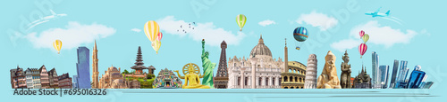 Obraz na płótnie World landmarks and famous monuments collage isolated on blue background w salonie