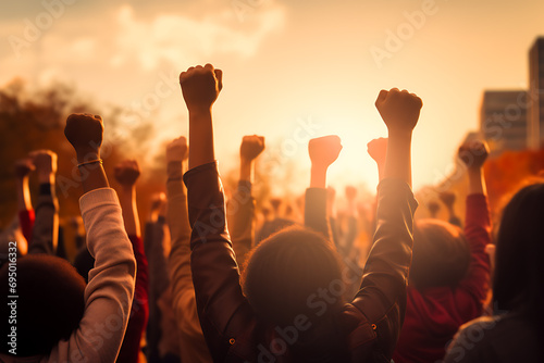 Multi-Ethnic People Raising Their Fists Up in the Air, Symbolizing Solidarity and Strength, Against the Autumn Sunset Background Unity in Diversity