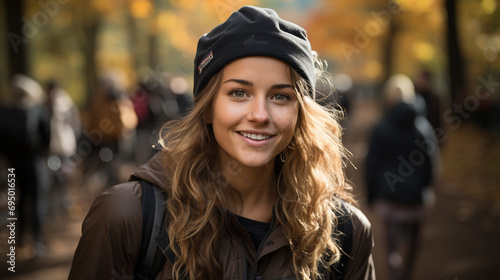 A portrait of a female biker smiling for the camer photo