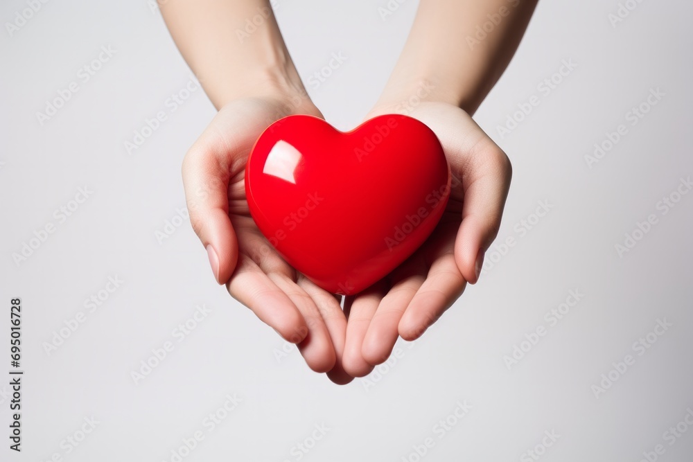 Hands holding a red heart against a white background.