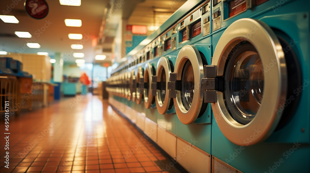 Washing machine in laundromat. Laundry room interior Washing machine in laundromat. Laundry room interior