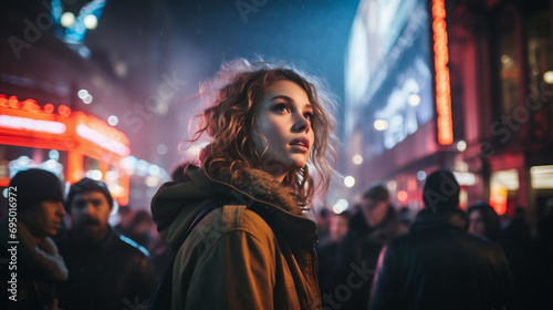Young woman in winter clothes walking in the city at night. Shallow depth of field.