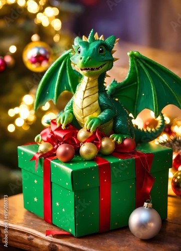 A cute little green dragon  the symbol of 2024  brought gifts