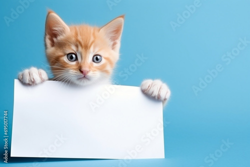 a charming red kitten holds in its paws a white sheet of paper with a place for text,on a plain blue background,a mockup for an advertising banner,a creative advertising concept