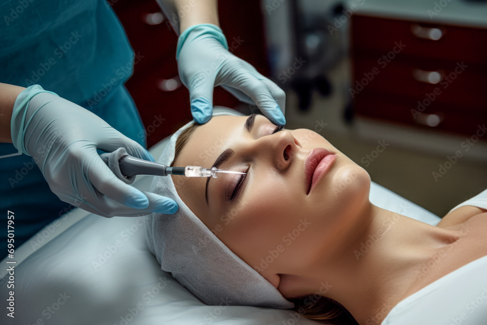 Naklejka premium Symbolic Image of a Botox Treatment on a Woman's Face Wallpaper Background Backdrop Digital Art Cover Magazine 