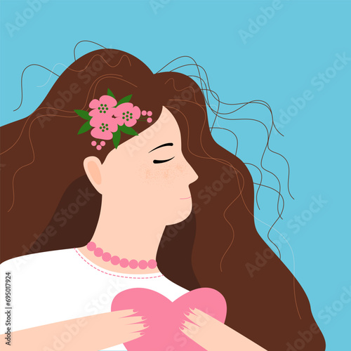 Vector young woman with dark hear and freckles holds heart in her hand. Self-care, love, calm or peace concept.