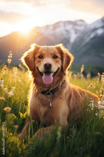 a happy dog basking in the golden hour sunlight frolicking