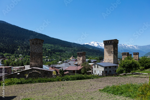 Georgia Svaneti Mestia city view on a sunny autumn day