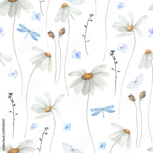 Watercolor seamless pattern with delicate flowers, chamomile, butterfly, dragonfly. Hand drawn floral illustration on white background. Vintage summer plant