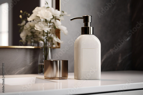 A blank hand wash bottle on a black and golden marble in the luxurious bathroom with leaves . AI