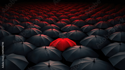 Single red umbrella among many dark ones from above, uniqueness and individuality concept.