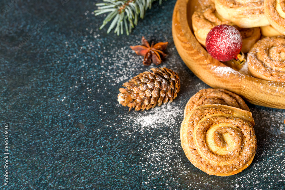 Snail cookies. Homemade baking. Cookies for the holiday. New Year's decor. Copy space. Flat lay Snail cookies. Homemade baking. Cookies for the holiday. New Year's decor. Copy space. Flat lay