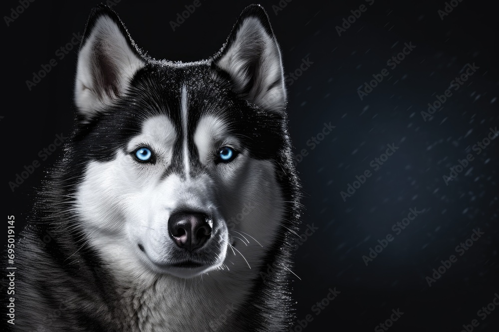 Siberian Husky dog with blue eyes on black background. Copy space for text.