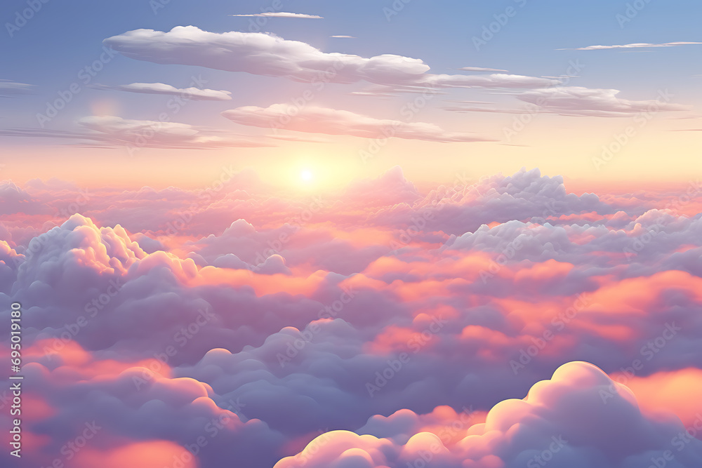 Sunset or Sunrise Sky with Clouds at Twilight, Dusk, or Dawn – Flying Above the Clouds in a Plane. Orange and Pink Clouds Paint a Pastel Sky Background, Bathed in Sunlight and Serenity