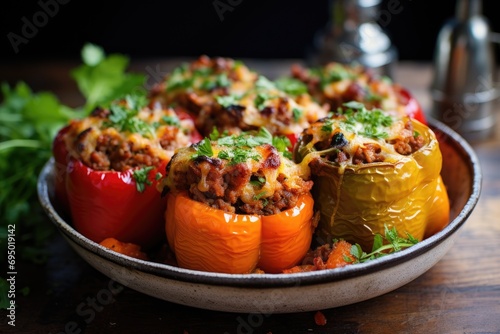 Classic roasted stuffed peppers in a pan