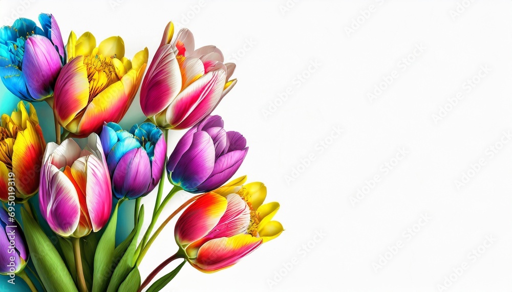 Wielokolorowe Tulipany na białym tle z miejscem do wklejenia. Generative AI - obrazy, fototapety, plakaty 