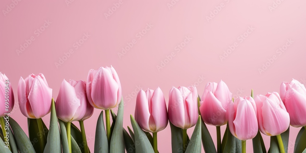 A row of pink tulips lines the bottom edge on a soft pink canvas. A row of pink tulips lines the bottom edge on a soft pink canvas.