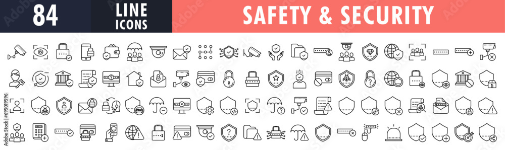 safety & Security line icons set. outline icons collection.Security web icons in line style. Guard, cyber security, password, smart home, safety, data protection, key, shield, lock, unlock, eye access
