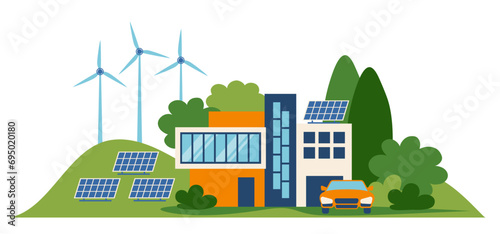 Green energy concept. Suburban house, 
solar panels and wind turbines