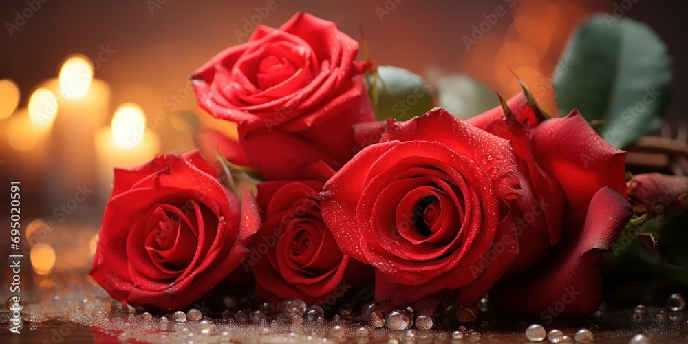 Dew-kissed red roses bloom against the backdrop of soft candlelight. Dew-kissed red roses bloom against the backdrop of soft candlelight.