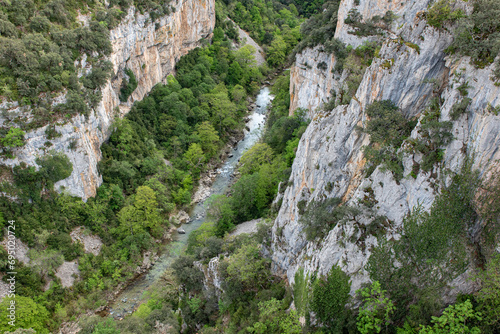 Deep canyon carved by the Salazar River in the limestone rock of the Sierra de Leyre, La Foz de Arbayún, Navarra, Spain