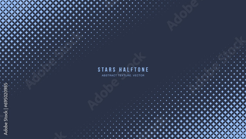 Stars Halftone Pattern Vector Slanted Border Blue Texture Geometric Abstract Background. Modern Half Tone Art Graphic Minimal Wide Classy Navy Wallpaper. Star Checkered Particles Abstract Illustration