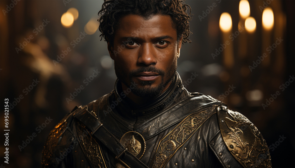 African American knight. Noble warrior. Portrait of one medieval warrior or knight in armor and helmet with shield and sword posing - obrazy, fototapety, plakaty 