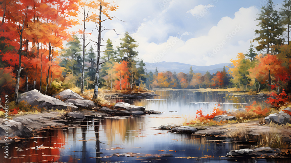 painting of an autumn trees in the lake