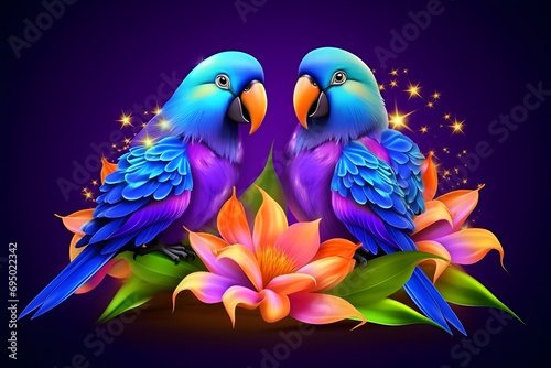 beautiful rainbow parrots and flowers on a black background. Neural network AI generated art photo