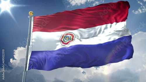 Paraguay animated flag in the wind with blue sky
