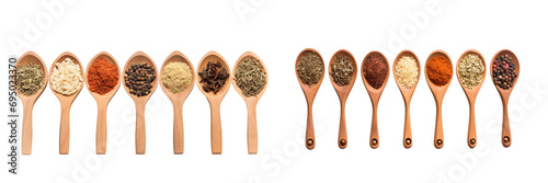Set of spices in a wooden spoon isolated on a white transparent background