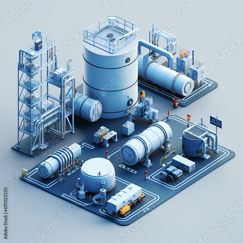 Axonometric diagram of factory or power plant equipment, water supply system, tanks, silos, installation network.