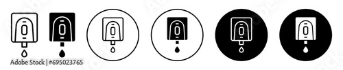 Electrical soap box icon. bathroom or washroom hand sanitizer or disinfectant liquid soap form gel bottle dispenser logo mark set. toilet lavatory mounted button press electrical soap cleaner box 
