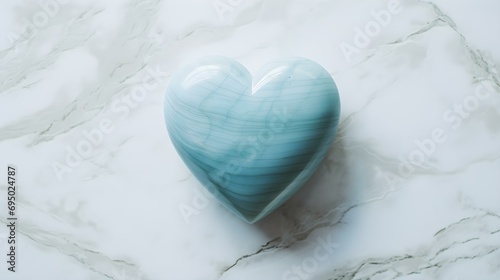 Top View of a sky blue Heart on a white Marble Background. Romantic Backdrop with Copy Space