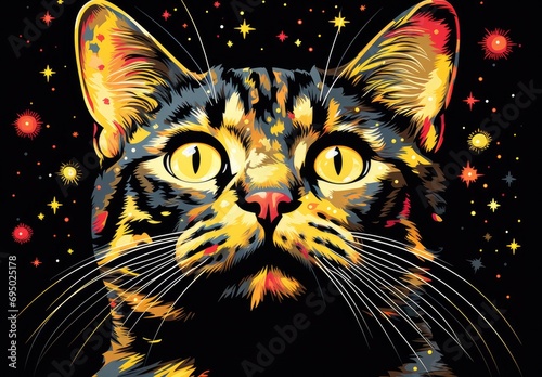 Close-up of a cat's face in a painted style. Illustration for cover, card, postcard, interior design, decor or print.
