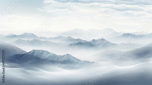 Panoramic view of a mountain range with peaks in monochrome. Foggy and overcast. Illustration for cover  card  postcard  interior design  banner  poster  brochure or presentation.