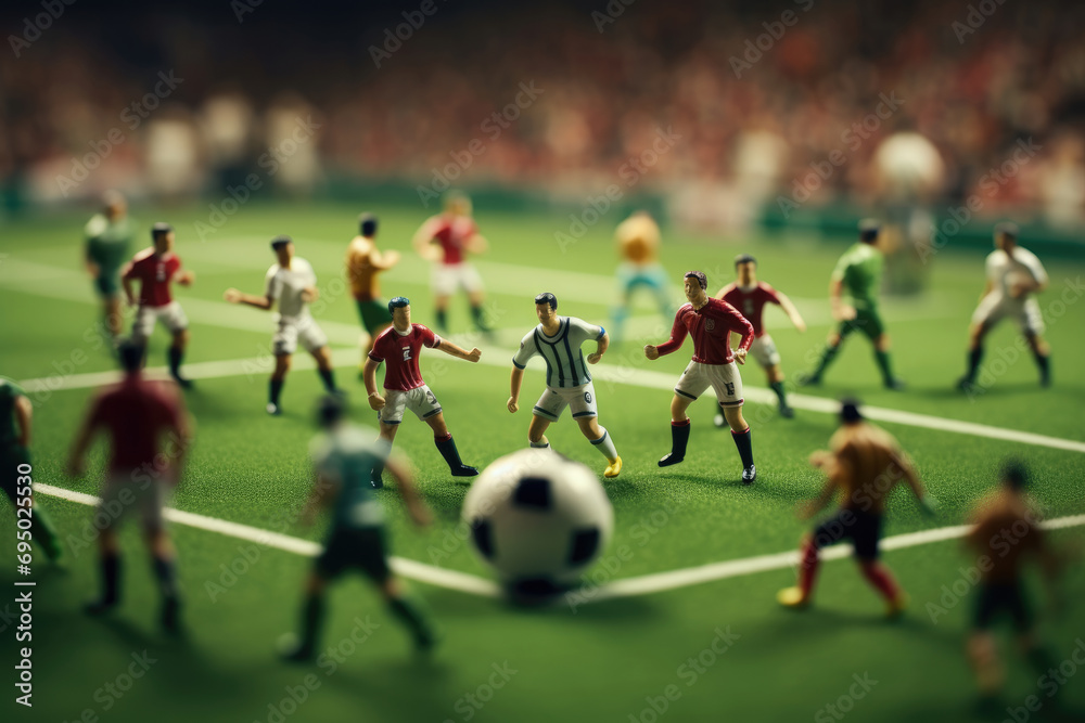 Miniature tiny soccer players toys and ball on the soccer field. Soccer concept background with macro photo miniature of tiny world.