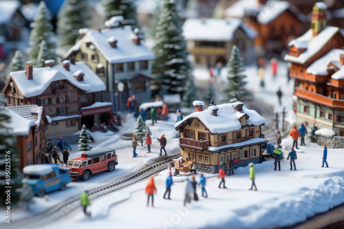 Winter street of a mountain ski town with cottages, fir trees, figures of people and cars. Winter sports and winter vacation background with macro photo miniature of tiny world.
