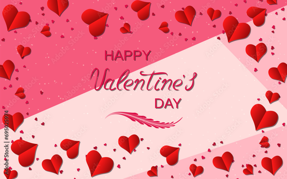 Valentine's Day elegant vector illustration. Pink background with hearts and lettering
