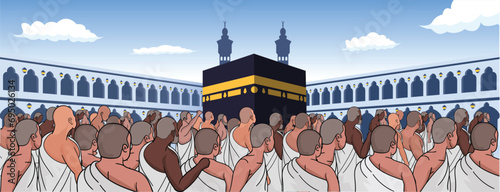 Islamic hajj pilgrimage. People are walking around the Kaaba. vector illustration