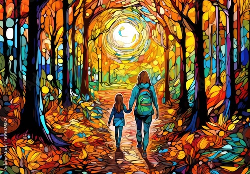 Mother and daughter taking walk in autumn park. Digital art in an artistic style. Illustration for cover, card, postcard, interior design, banner, poster, brochure, etc.