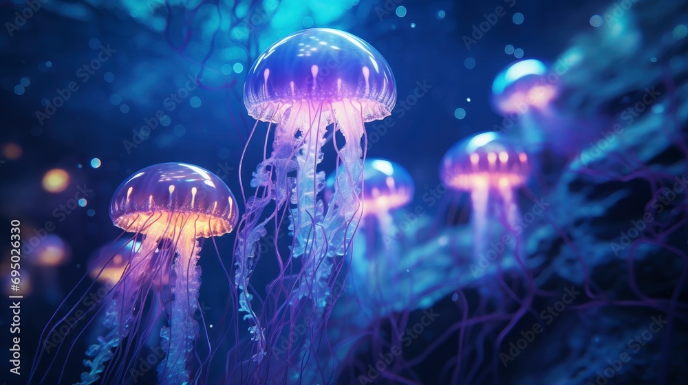 Beautiful color of jellyfish in underwater in the dark blue ocean water Beautiful color of jellyfish in underwater in the dark blue ocean water