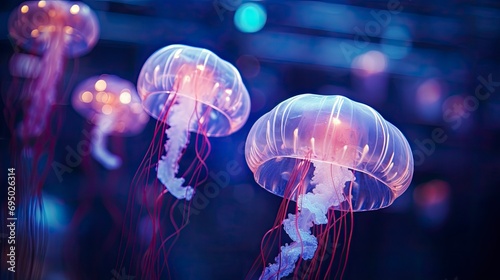 Beautiful color of jellyfish in underwater in the dark blue ocean water photo